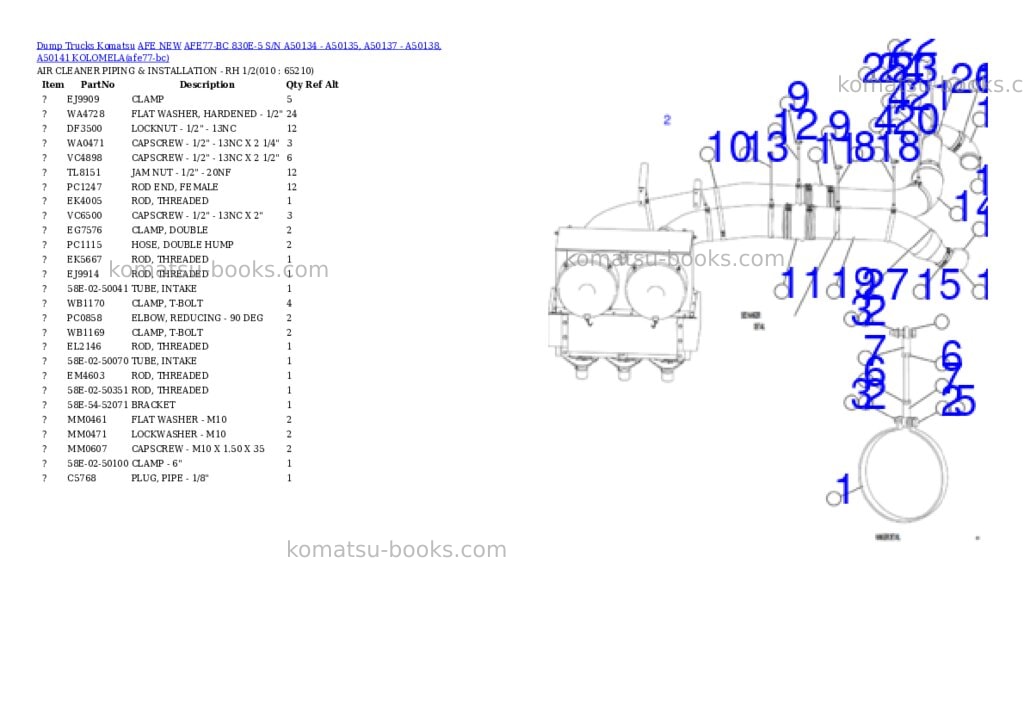 Komatsu AFE77-BC 830E-5 S/N A50134 - A50135, A50137 - A50138, A50141 KOLOMELA Parts catalog cover Page 5 Komatsu AFE77-BC 830E-5 S/N A50134 - A50135, A50137 - A50138, A50141 KOLOMELA Parts catalog cover Page 5