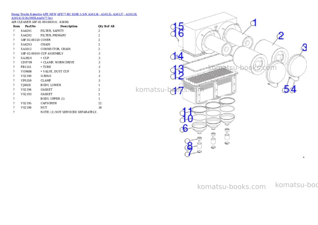 Komatsu AFE77-BC 830E-5 S/N A50134 - A50135, A50137 - A50138, A50141 KOLOMELA Parts catalog cover Page 7 Komatsu AFE77-BC 830E-5 S/N A50134 - A50135, A50137 - A50138, A50141 KOLOMELA Parts catalog cover Page 7