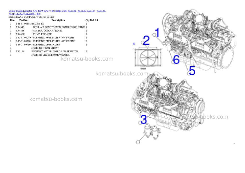Komatsu AFE77-BC 830E-5 S/N A50134 - A50135, A50137 - A50138, A50141 KOLOMELA Parts catalog cover Page 8 Komatsu AFE77-BC 830E-5 S/N A50134 - A50135, A50137 - A50138, A50141 KOLOMELA Parts catalog cover Page 8