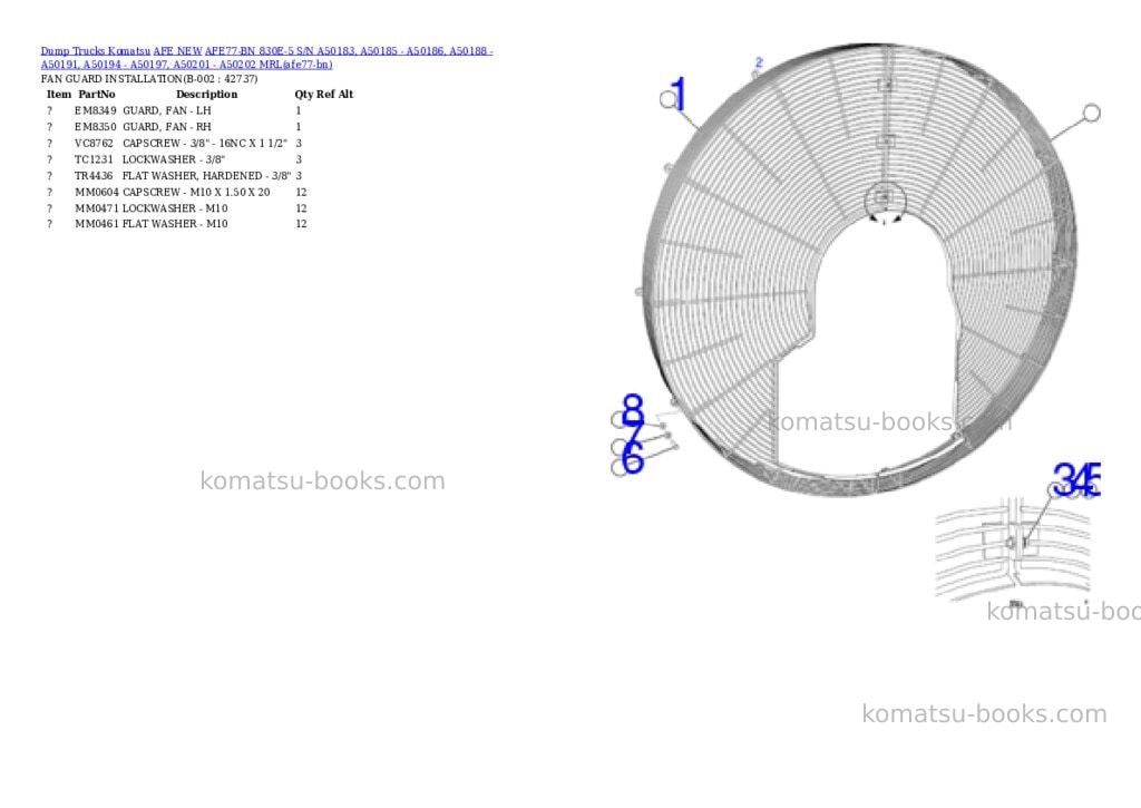 Komatsu AFE77-BN 830E-5 S/N A50183, A50185 - A50186, A50188 - A50191, A50194 - A50197, A50201 - A50202 MRL Parts catalog cover
