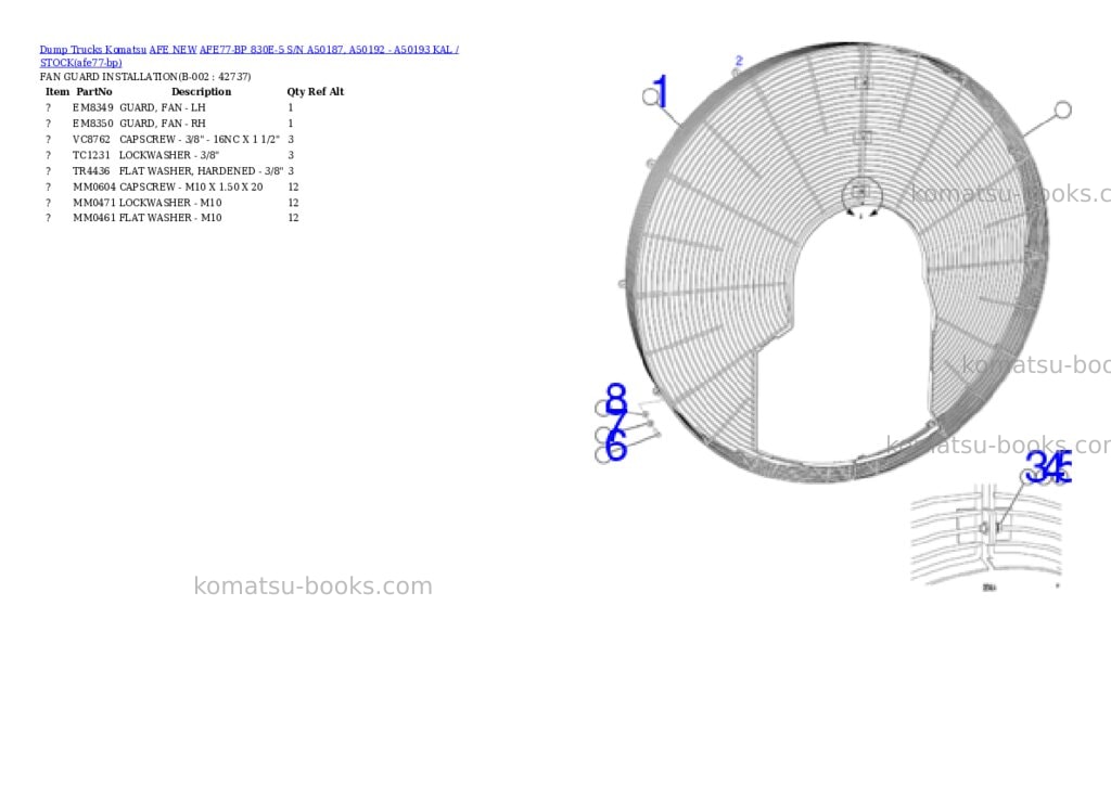 Komatsu AFE77-BP 830E-5 S/N A50187, A50192 - A50193 KAL / STOCK Parts catalog cover Komatsu AFE77-BP 830E-5 S/N A50187, A50192 - A50193 KAL / STOCK Parts catalog cover