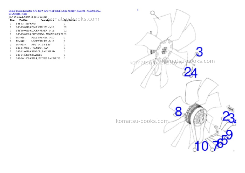 Komatsu AFE77-BP 830E-5 S/N A50187, A50192 - A50193 KAL / STOCK Parts catalog cover Page 2 Komatsu AFE77-BP 830E-5 S/N A50187, A50192 - A50193 KAL / STOCK Parts catalog cover Page 2