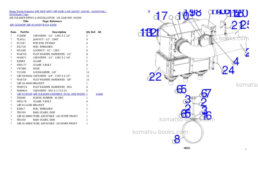 Komatsu AFE77-BP 830E-5 S/N A50187, A50192 - A50193 KAL / STOCK Parts catalog cover Page 4 Komatsu AFE77-BP 830E-5 S/N A50187, A50192 - A50193 KAL / STOCK Parts catalog cover Page 4