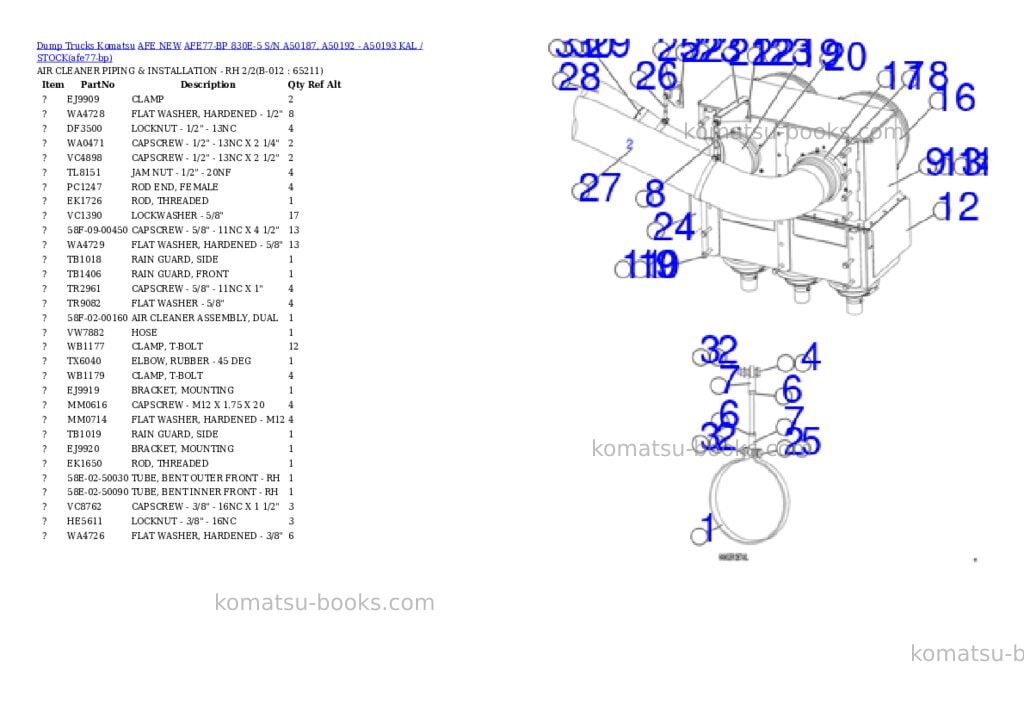 Komatsu AFE77-BP 830E-5 S/N A50187, A50192 - A50193 KAL / STOCK Parts catalog cover Page 6 Komatsu AFE77-BP 830E-5 S/N A50187, A50192 - A50193 KAL / STOCK Parts catalog cover Page 6