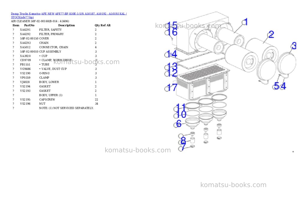 Komatsu AFE77-BP 830E-5 S/N A50187, A50192 - A50193 KAL / STOCK Parts catalog cover Page 7 Komatsu AFE77-BP 830E-5 S/N A50187, A50192 - A50193 KAL / STOCK Parts catalog cover Page 7