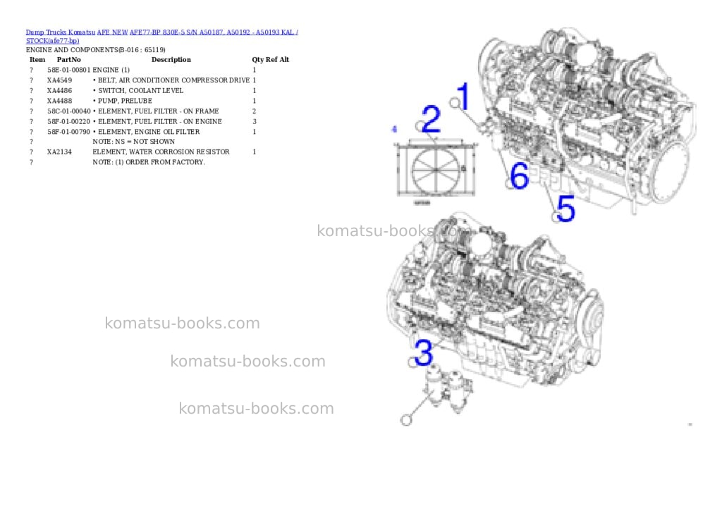 Komatsu AFE77-BP 830E-5 S/N A50187, A50192 - A50193 KAL / STOCK Parts catalog cover Page 8 Komatsu AFE77-BP 830E-5 S/N A50187, A50192 - A50193 KAL / STOCK Parts catalog cover Page 8