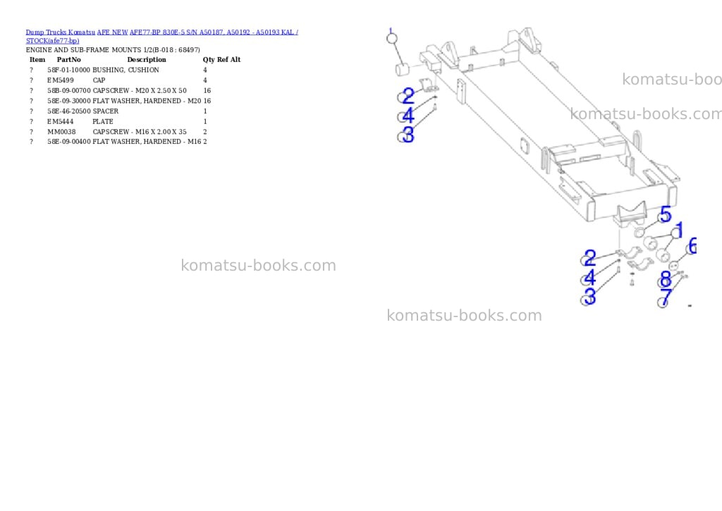 Komatsu AFE77-BP 830E-5 S/N A50187, A50192 - A50193 KAL / STOCK Parts catalog cover Page 9 Komatsu AFE77-BP 830E-5 S/N A50187, A50192 - A50193 KAL / STOCK Parts catalog cover Page 9