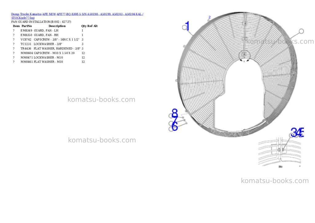 Komatsu AFE77-BQ 830E-5 S/N A50198 - A50199, A50203 - A50204 KAL / STOCK Parts catalog cover Komatsu AFE77-BQ 830E-5 S/N A50198 - A50199, A50203 - A50204 KAL / STOCK Parts catalog cover