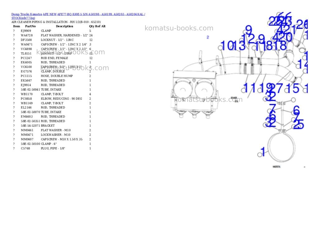 Komatsu AFE77-BQ 830E-5 S/N A50198 - A50199, A50203 - A50204 KAL / STOCK Parts catalog cover Page 5 Komatsu AFE77-BQ 830E-5 S/N A50198 - A50199, A50203 - A50204 KAL / STOCK Parts catalog cover Page 5