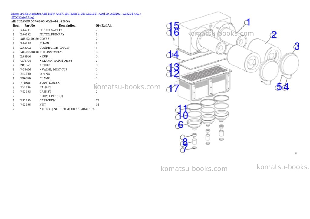 Komatsu AFE77-BQ 830E-5 S/N A50198 - A50199, A50203 - A50204 KAL / STOCK Parts catalog cover Page 7 Komatsu AFE77-BQ 830E-5 S/N A50198 - A50199, A50203 - A50204 KAL / STOCK Parts catalog cover Page 7