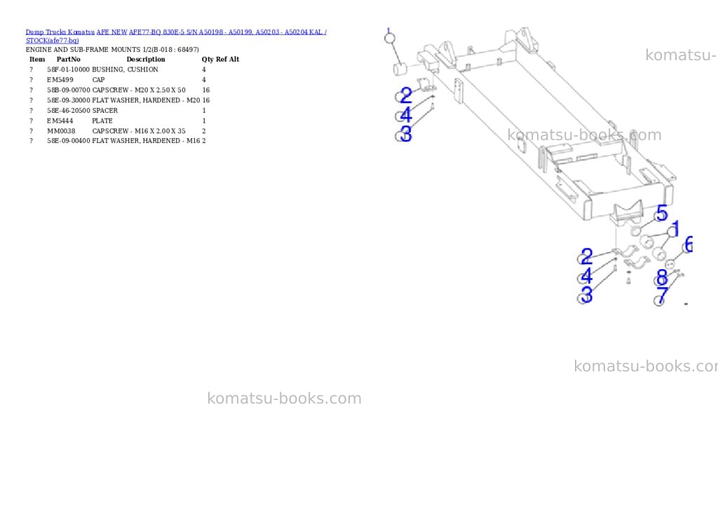 Komatsu AFE77-BQ 830E-5 S/N A50198 - A50199, A50203 - A50204 KAL / STOCK Parts catalog cover Page 9 Komatsu AFE77-BQ 830E-5 S/N A50198 - A50199, A50203 - A50204 KAL / STOCK Parts catalog cover Page 9