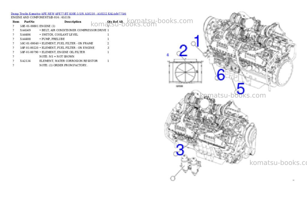 Komatsu AFE77-BT 830E-5 S/N A50210 - A50212 KAL Parts catalog cover Page 6