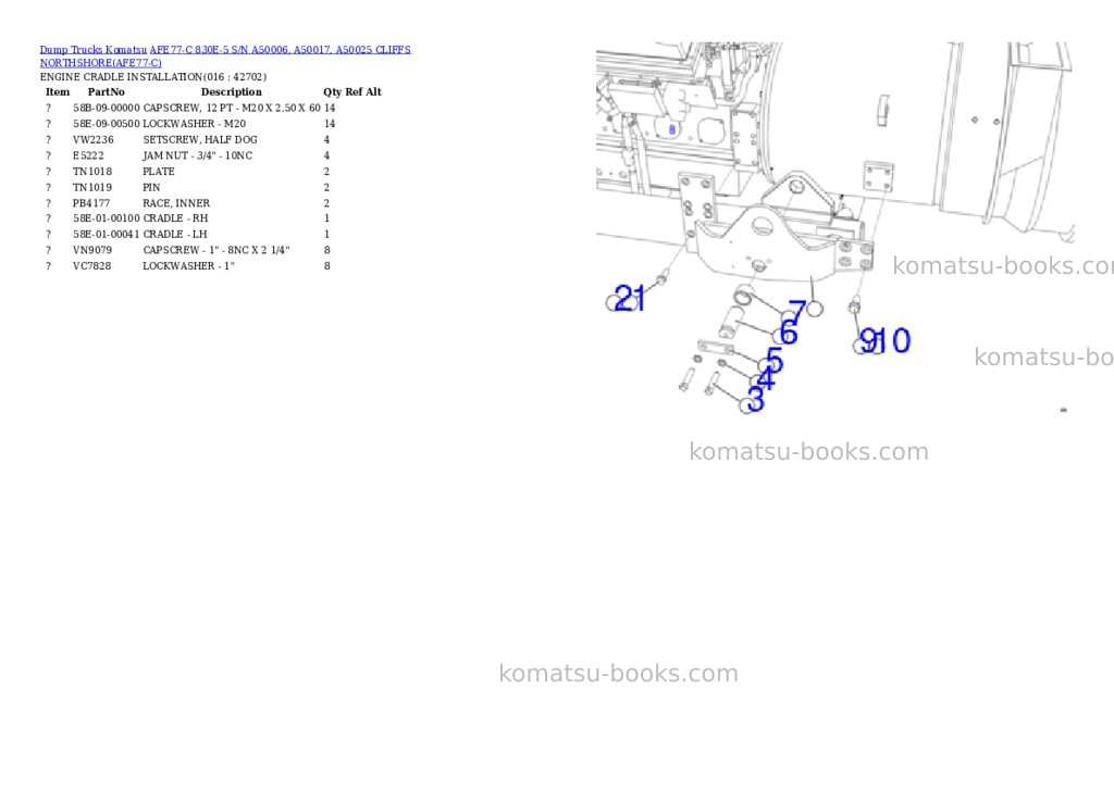 Komatsu afe77-c 830e-5 s/n a50006, a50017, a50025 cliffs northshore Parts catalog cover Page 8 Komatsu afe77-c 830e-5 s/n a50006, a50017, a50025 cliffs northshore Parts catalog cover Page 8