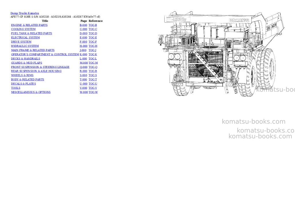 Komatsu AFE77-CF 830E-5 S/N A50258 - A50259,A50264 - A50267 KW Parts catalog cover Komatsu AFE77-CF 830E-5 S/N A50258 - A50259,A50264 - A50267 KW Parts catalog cover
