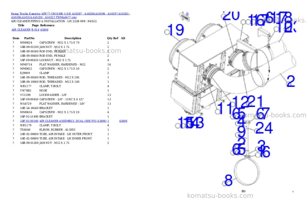 Komatsu AFE77-CM 830E-5 S/N A50287 - A50288,A50296 - A50297,A50303 - A50306,A50314,A50320 - A50322 TWM Parts catalog cover