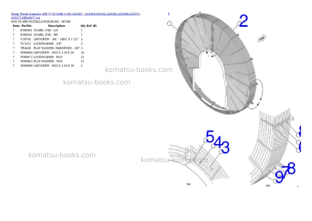 Komatsu AFE77-CX 830E-5 S/N A50347 - A50348,A50355,A50362,A50368,A50370 - A50371 KBI Parts catalog cover Komatsu AFE77-CX 830E-5 S/N A50347 - A50348,A50355,A50362,A50368,A50370 - A50371 KBI Parts catalog cover