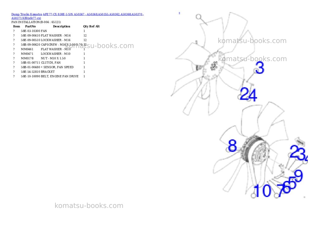 Komatsu AFE77-CX 830E-5 S/N A50347 - A50348,A50355,A50362,A50368,A50370 - A50371 KBI Parts catalog cover Page 2 Komatsu AFE77-CX 830E-5 S/N A50347 - A50348,A50355,A50362,A50368,A50370 - A50371 KBI Parts catalog cover Page 2