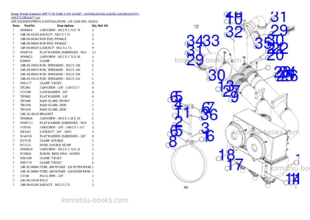 Komatsu AFE77-CX 830E-5 S/N A50347 - A50348,A50355,A50362,A50368,A50370 - A50371 KBI Parts catalog cover Page 3 Komatsu AFE77-CX 830E-5 S/N A50347 - A50348,A50355,A50362,A50368,A50370 - A50371 KBI Parts catalog cover Page 3