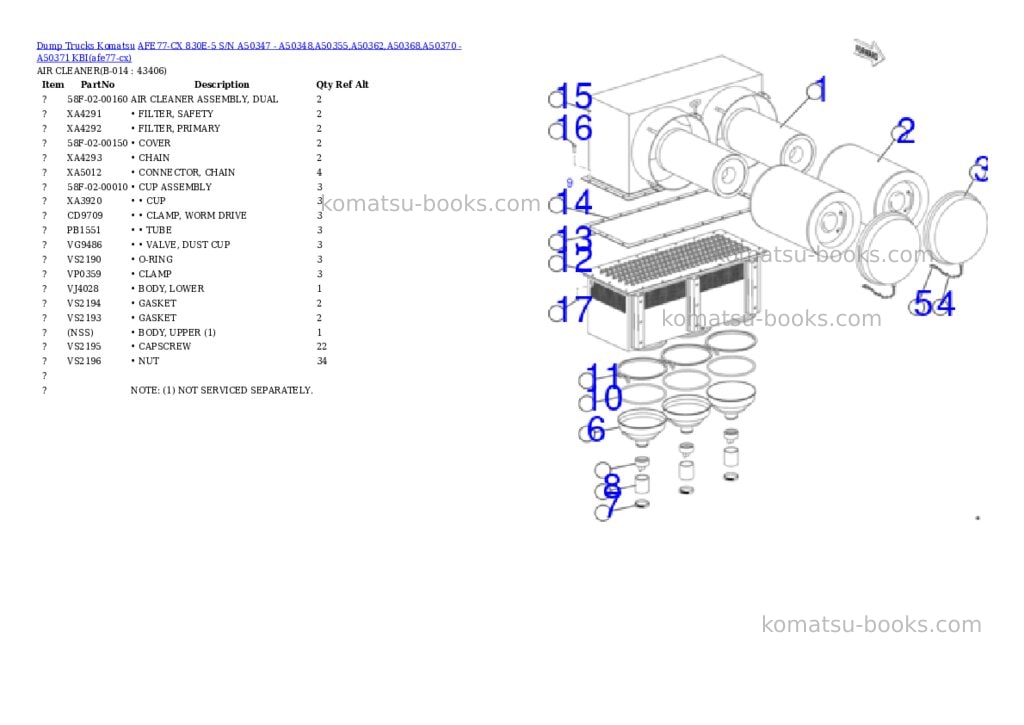 Komatsu AFE77-CX 830E-5 S/N A50347 - A50348,A50355,A50362,A50368,A50370 - A50371 KBI Parts catalog cover Page 7 Komatsu AFE77-CX 830E-5 S/N A50347 - A50348,A50355,A50362,A50368,A50370 - A50371 KBI Parts catalog cover Page 7