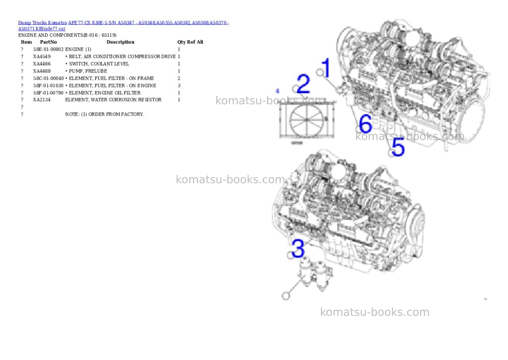 Komatsu AFE77-CX 830E-5 S/N A50347 - A50348,A50355,A50362,A50368,A50370 - A50371 KBI Parts catalog cover Page 8 Komatsu AFE77-CX 830E-5 S/N A50347 - A50348,A50355,A50362,A50368,A50370 - A50371 KBI Parts catalog cover Page 8
