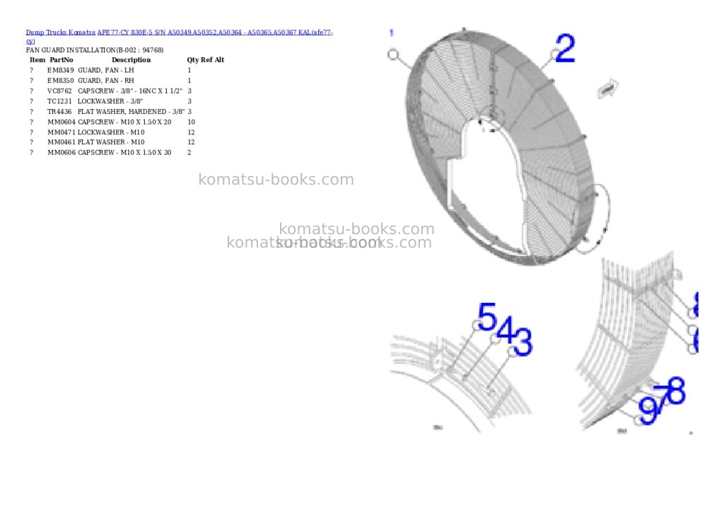 Komatsu AFE77-CY 830E-5 S/N A50349,A50352,A50364 - A50365,A50367 KAL Parts catalog cover Komatsu AFE77-CY 830E-5 S/N A50349,A50352,A50364 - A50365,A50367 KAL Parts catalog cover
