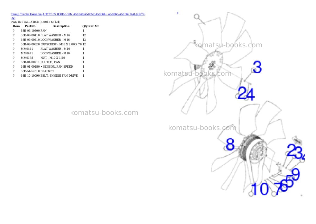 Komatsu AFE77-CY 830E-5 S/N A50349,A50352,A50364 - A50365,A50367 KAL Parts catalog cover Page 2 Komatsu AFE77-CY 830E-5 S/N A50349,A50352,A50364 - A50365,A50367 KAL Parts catalog cover Page 2