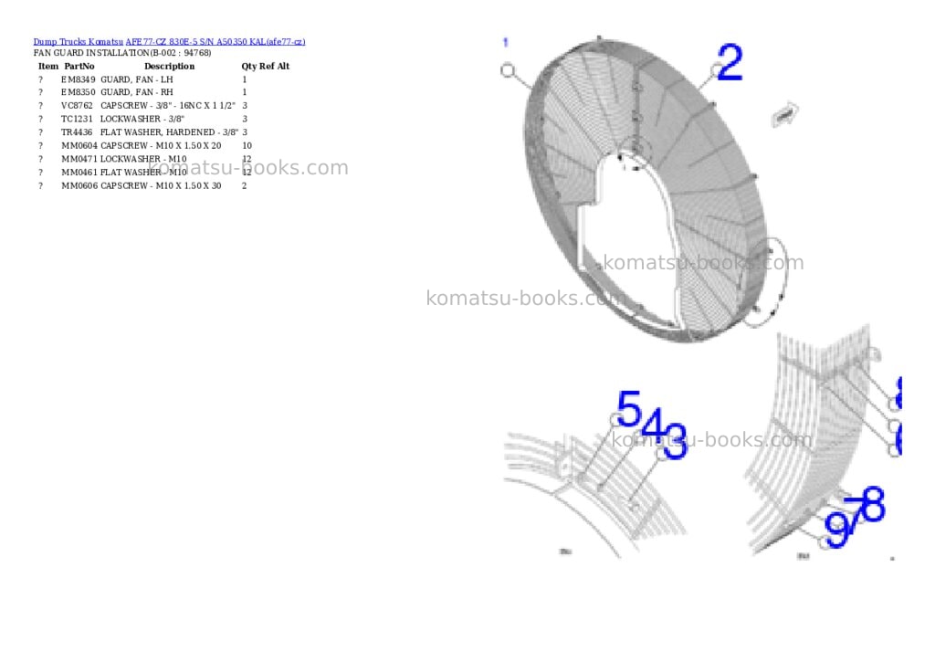 Komatsu AFE77-CZ 830E-5 S/N A50350 KAL Parts catalog cover