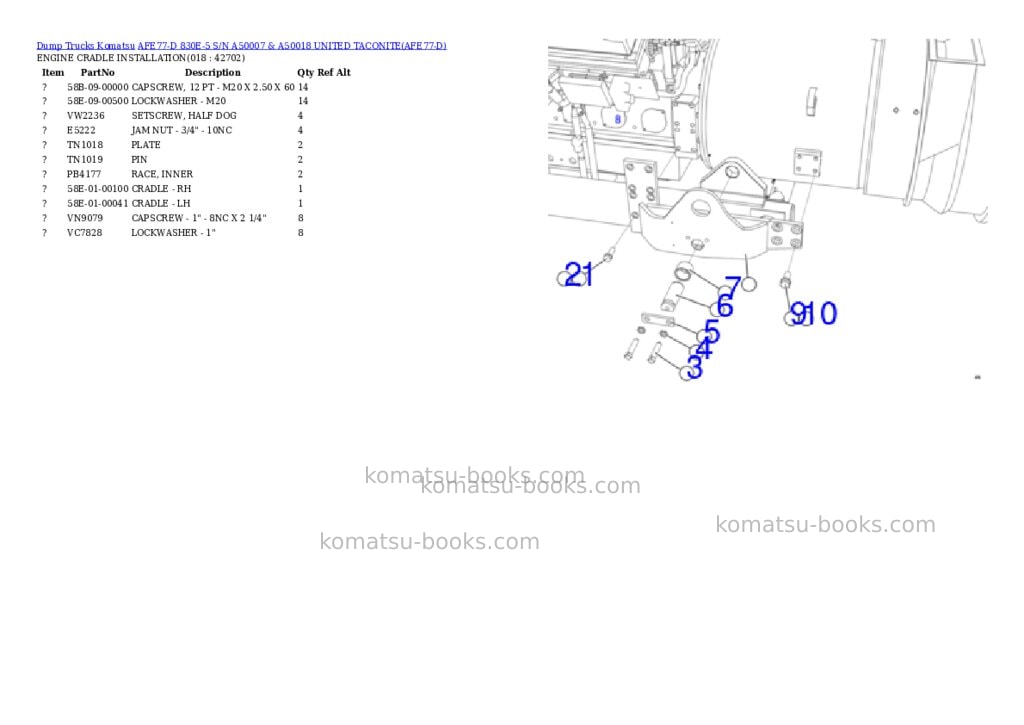 Komatsu afe77-d 830e-5 s/n a50007 & a50018 united taconite Parts catalog cover Page 9