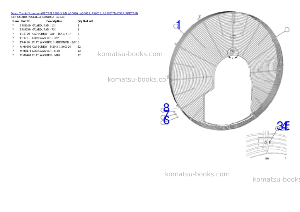 Komatsu afe77-h 830e-5 s/n a50020 - a50021, a50023, a50027 tacora Parts catalog cover Komatsu afe77-h 830e-5 s/n a50020 - a50021, a50023, a50027 tacora Parts catalog cover