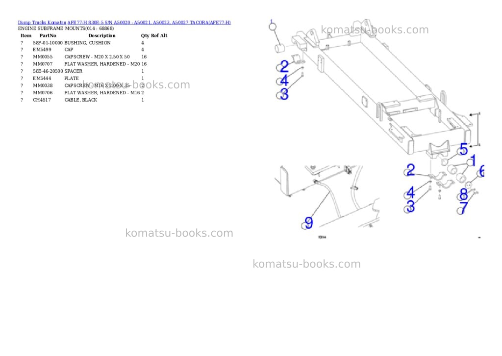 Komatsu afe77-h 830e-5 s/n a50020 - a50021, a50023, a50027 tacora Parts catalog cover Page 7 Komatsu afe77-h 830e-5 s/n a50020 - a50021, a50023, a50027 tacora Parts catalog cover Page 7