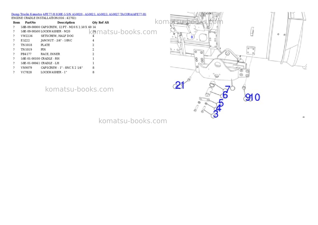 Komatsu afe77-h 830e-5 s/n a50020 - a50021, a50023, a50027 tacora Parts catalog cover Page 8 Komatsu afe77-h 830e-5 s/n a50020 - a50021, a50023, a50027 tacora Parts catalog cover Page 8