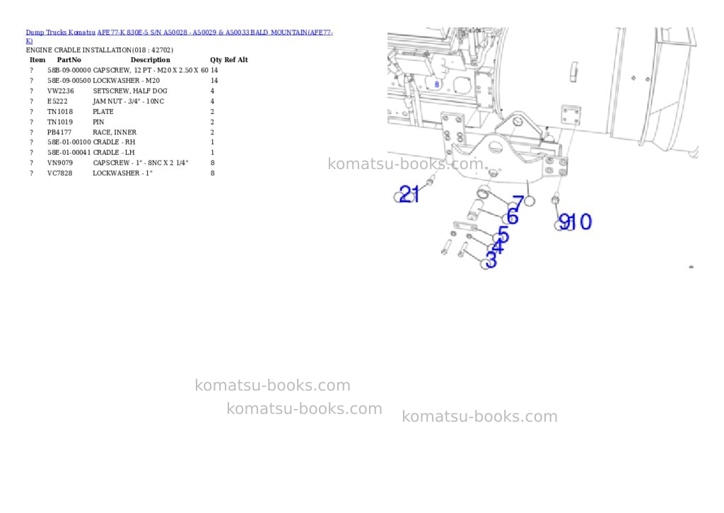 Komatsu afe77-k 830e-5 s/n a50028 - a50029 & a50033 bald mountain Parts catalog cover Page 9