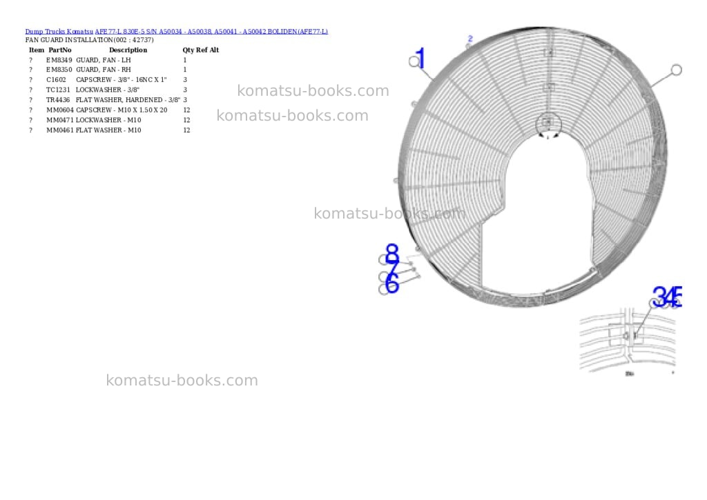 Komatsu afe77-l 830e-5 s/n a50034 - a50038, a50041 - a50042 boliden Parts catalog cover Komatsu afe77-l 830e-5 s/n a50034 - a50038, a50041 - a50042 boliden Parts catalog cover