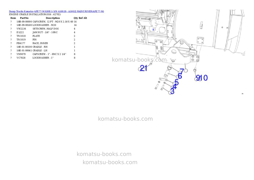 Komatsu afe77-m 830e-5 s/n a50030 - a50032 rainy river Parts catalog cover Page 8