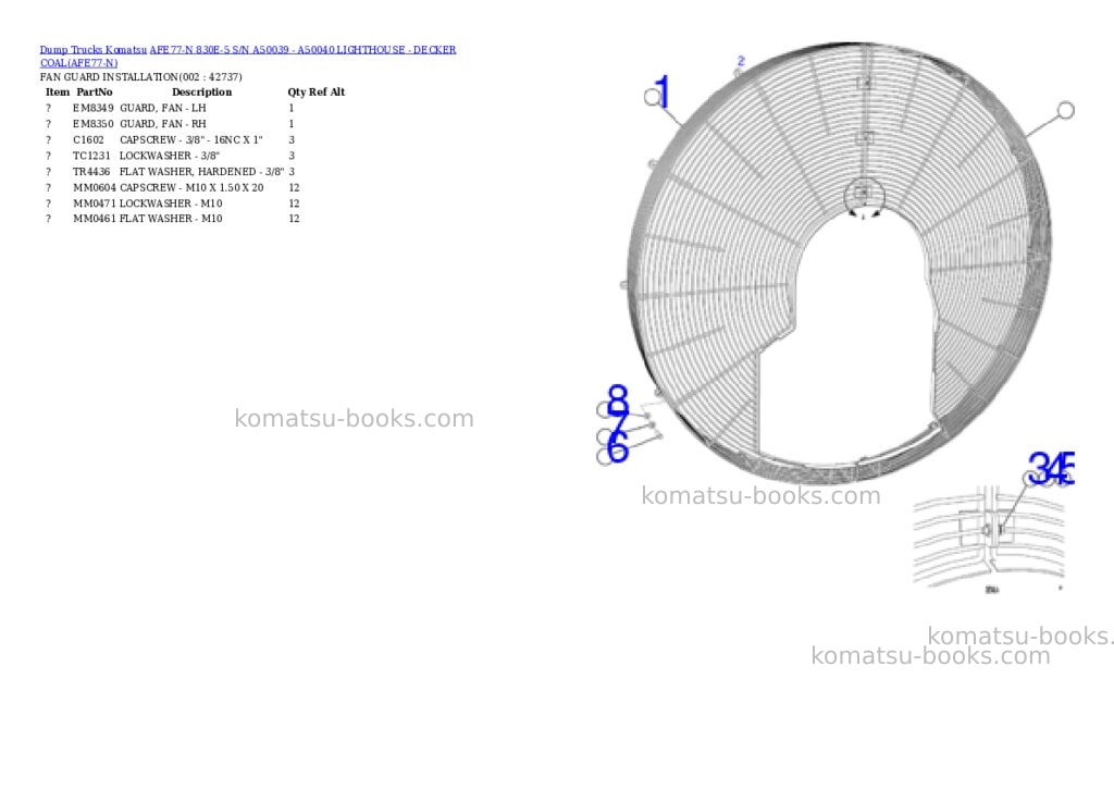 Komatsu afe77-n 830e-5 s/n a50039 - a50040 lighthouse - decker coal Parts catalog cover