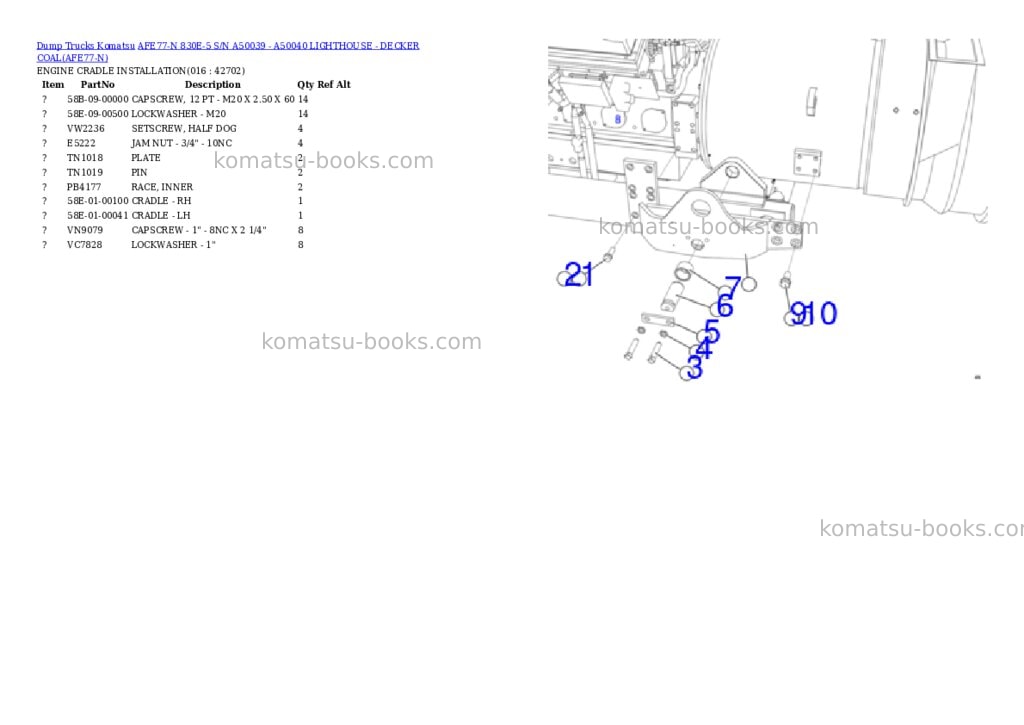Komatsu afe77-n 830e-5 s/n a50039 - a50040 lighthouse - decker coal Parts catalog cover Page 8