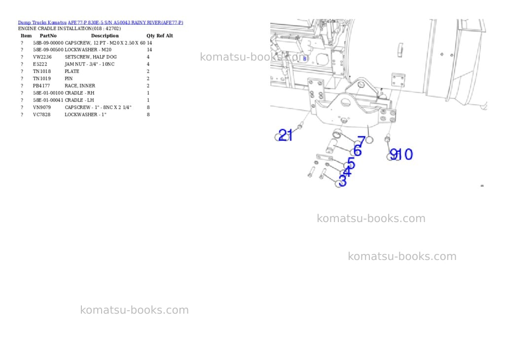 Komatsu afe77-p 830e-5 s/n a50043 rainy river Parts catalog cover Page 9 Komatsu afe77-p 830e-5 s/n a50043 rainy river Parts catalog cover Page 9