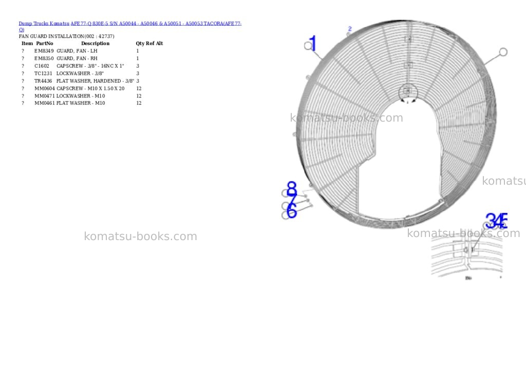 Komatsu AFE77-Q 830E-5 S/N A50044 - A50046 & A50051 - A50053 TACORA Parts catalog cover Komatsu AFE77-Q 830E-5 S/N A50044 - A50046 & A50051 - A50053 TACORA Parts catalog cover