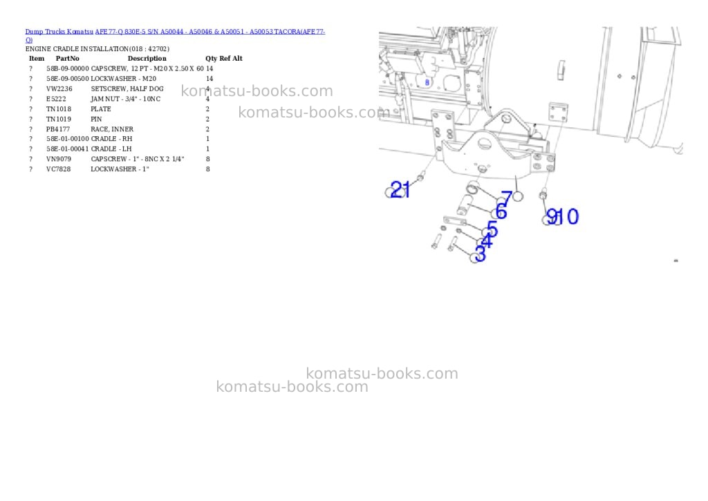 Komatsu AFE77-Q 830E-5 S/N A50044 - A50046 & A50051 - A50053 TACORA Parts catalog cover Page 9 Komatsu AFE77-Q 830E-5 S/N A50044 - A50046 & A50051 - A50053 TACORA Parts catalog cover Page 9