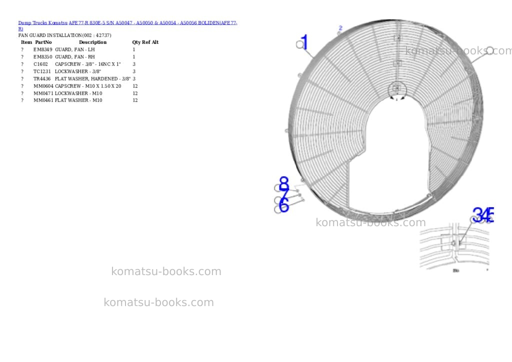 Komatsu AFE77-R 830E-5 S/N A50047 - A50050 & A50054 - A50056 BOLIDEN Parts catalog cover Komatsu AFE77-R 830E-5 S/N A50047 - A50050 & A50054 - A50056 BOLIDEN Parts catalog cover