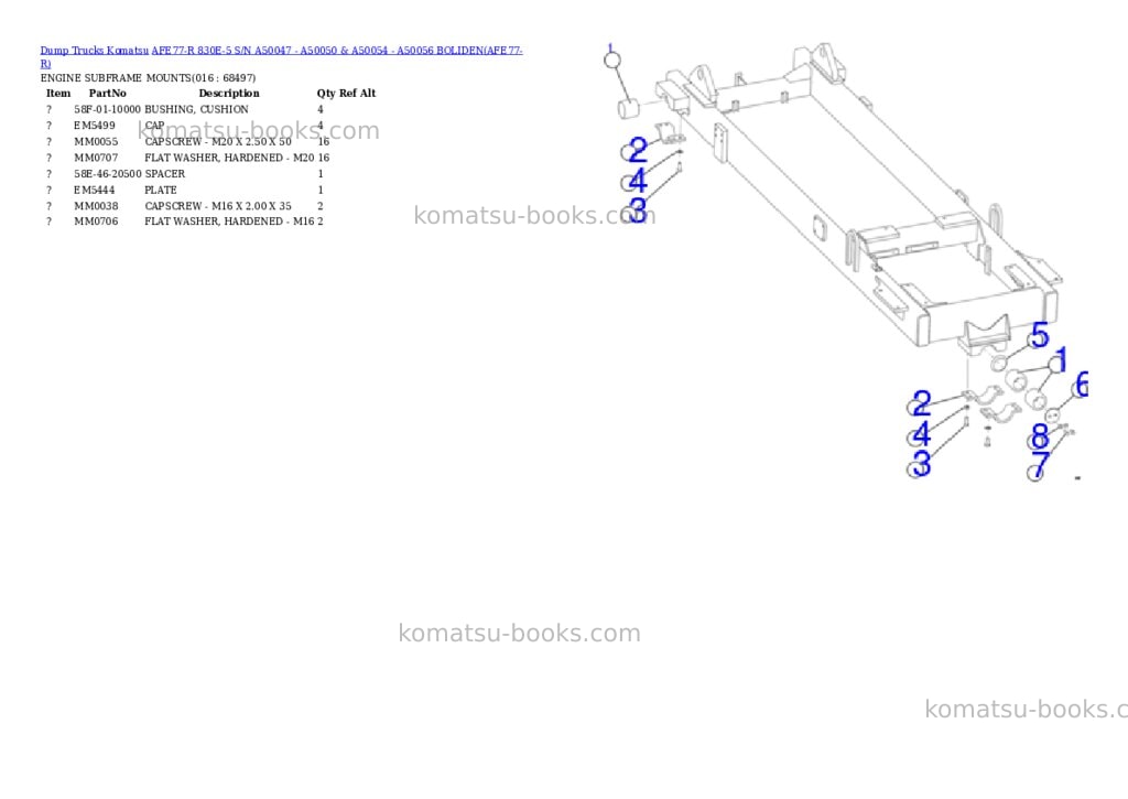 Komatsu AFE77-R 830E-5 S/N A50047 - A50050 & A50054 - A50056 BOLIDEN Parts catalog cover Page 8 Komatsu AFE77-R 830E-5 S/N A50047 - A50050 & A50054 - A50056 BOLIDEN Parts catalog cover Page 8