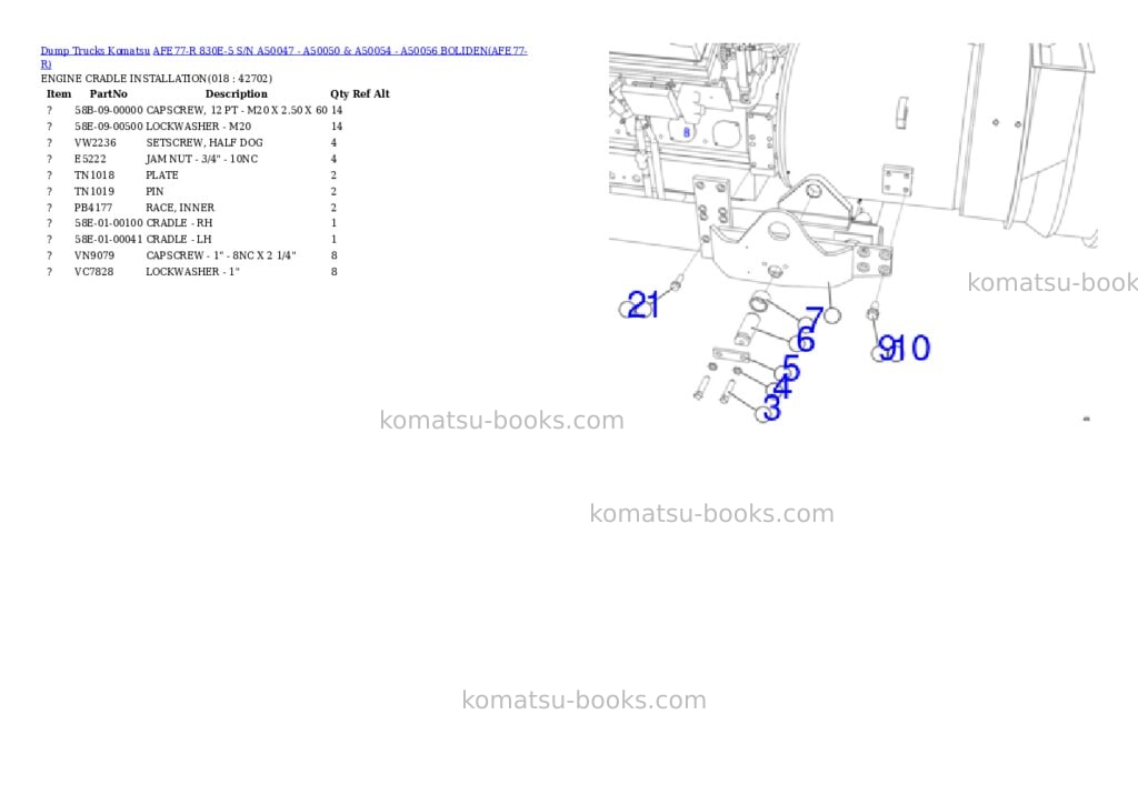 Komatsu AFE77-R 830E-5 S/N A50047 - A50050 & A50054 - A50056 BOLIDEN Parts catalog cover Page 9 Komatsu AFE77-R 830E-5 S/N A50047 - A50050 & A50054 - A50056 BOLIDEN Parts catalog cover Page 9