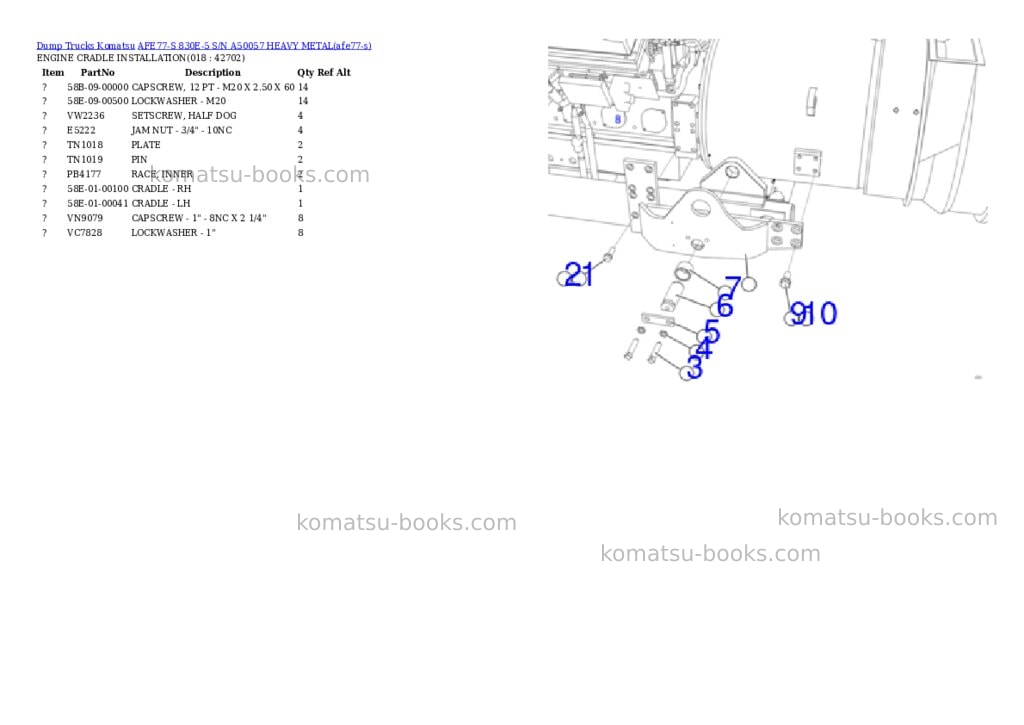 Komatsu AFE77-S 830E-5 S/N A50057 HEAVY METAL Parts catalog cover Page 9