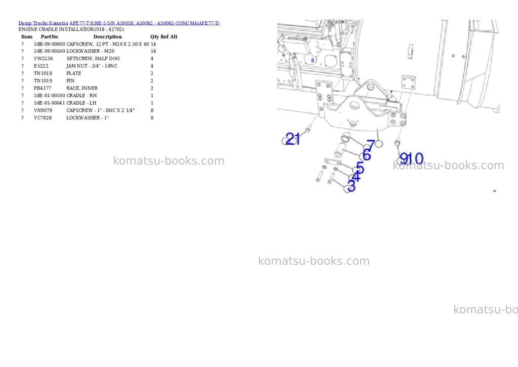 Komatsu AFE77-T 830E-5 S/N A50058, A50062 - A50065 CONUMA Parts catalog cover Page 9