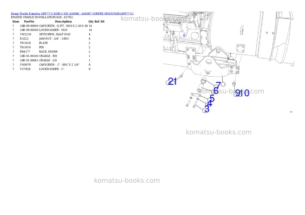 Komatsu AFE77-U 830E-5 S/N A50066 - A50067 COPPER MOUNTAIN Parts catalog cover Page 9 Komatsu AFE77-U 830E-5 S/N A50066 - A50067 COPPER MOUNTAIN Parts catalog cover Page 9