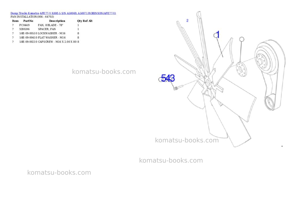 Komatsu AFE77-V 830E-5 S/N A50069, A50071 ROBINSON Parts catalog cover Page 2 Komatsu AFE77-V 830E-5 S/N A50069, A50071 ROBINSON Parts catalog cover Page 2
