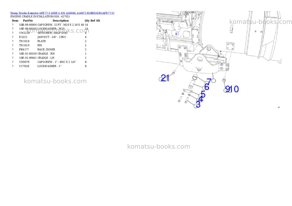 Komatsu AFE77-V 830E-5 S/N A50069, A50071 ROBINSON Parts catalog cover Page 9 Komatsu AFE77-V 830E-5 S/N A50069, A50071 ROBINSON Parts catalog cover Page 9