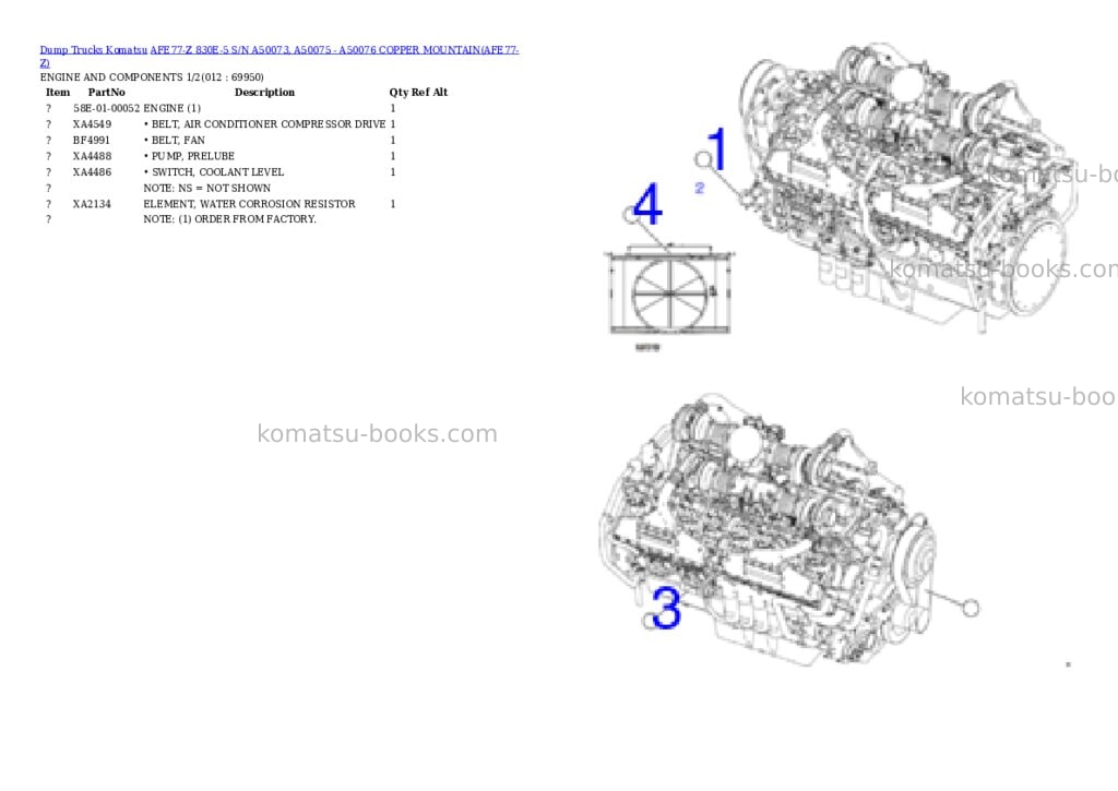 Komatsu AFE77-Z 830E-5 S/N A50073, A50075 - A50076 COPPER MOUNTAIN Parts catalog cover
