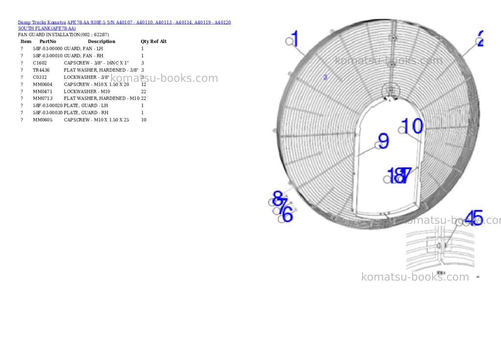 Komatsu AFE78-AA 930E-5 S/N A40107 - A40110, A40113 - A40114, A40119 - A40120 SOUTH FLANK Parts catalog cover Komatsu AFE78-AA 930E-5 S/N A40107 - A40110, A40113 - A40114, A40119 - A40120 SOUTH FLANK Parts catalog cover