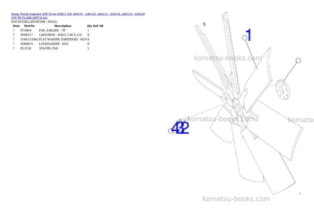 Komatsu AFE78-AA 930E-5 S/N A40107 - A40110, A40113 - A40114, A40119 - A40120 SOUTH FLANK Parts catalog cover Page 2 Komatsu AFE78-AA 930E-5 S/N A40107 - A40110, A40113 - A40114, A40119 - A40120 SOUTH FLANK Parts catalog cover Page 2